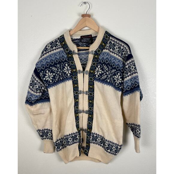 NORWOOL of Norway vintage 100% pure wool sweater embroidery blue green cream - Picture 1 of 10